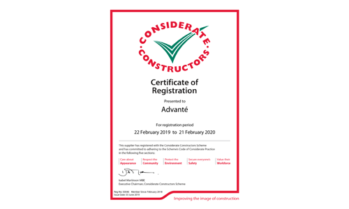 Advanté approved Supplier with Considerate Constructors Scheme