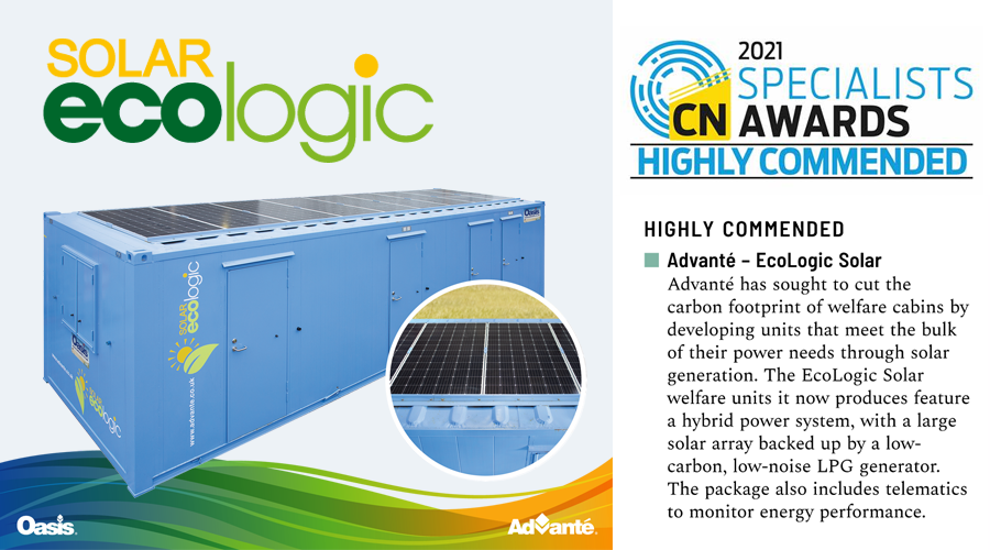 Advante is highly commended for Innovation of the Year (non-contractor) at CN Specialists 2021 with EcoLogic Solar welfare units